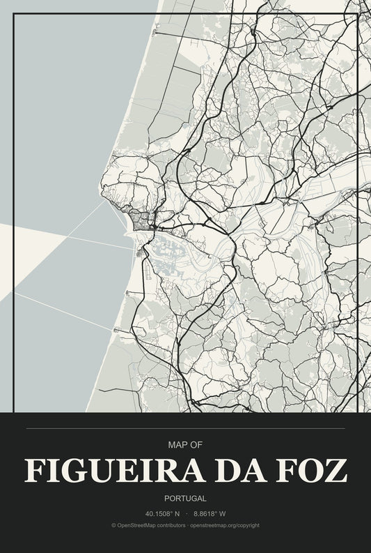 Figueira da Foz, Portugal City Map Aluminum Sign in Museum Plaque style