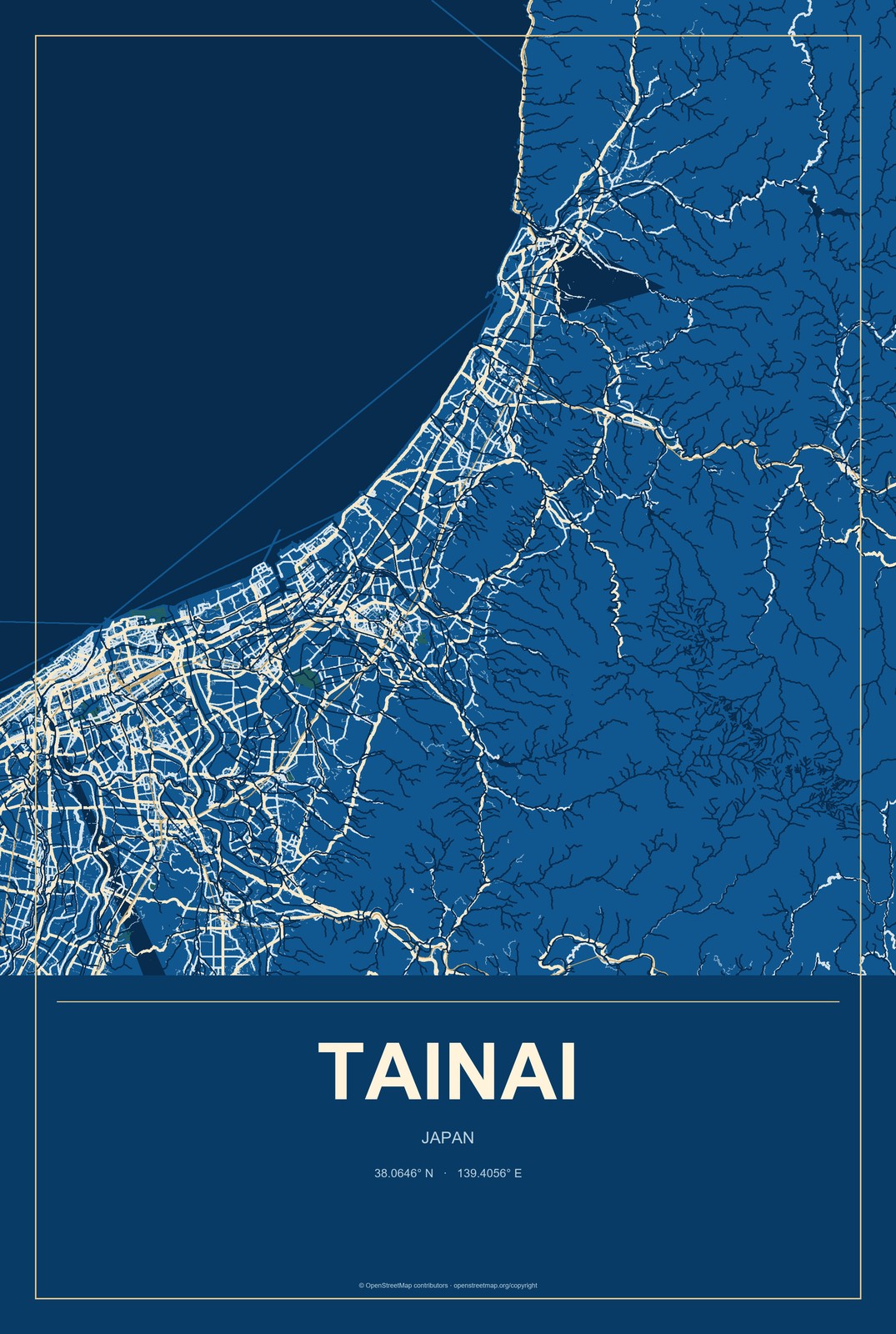 Tainai, Japan City Map Aluminum Sign in Harbor Cobalt style