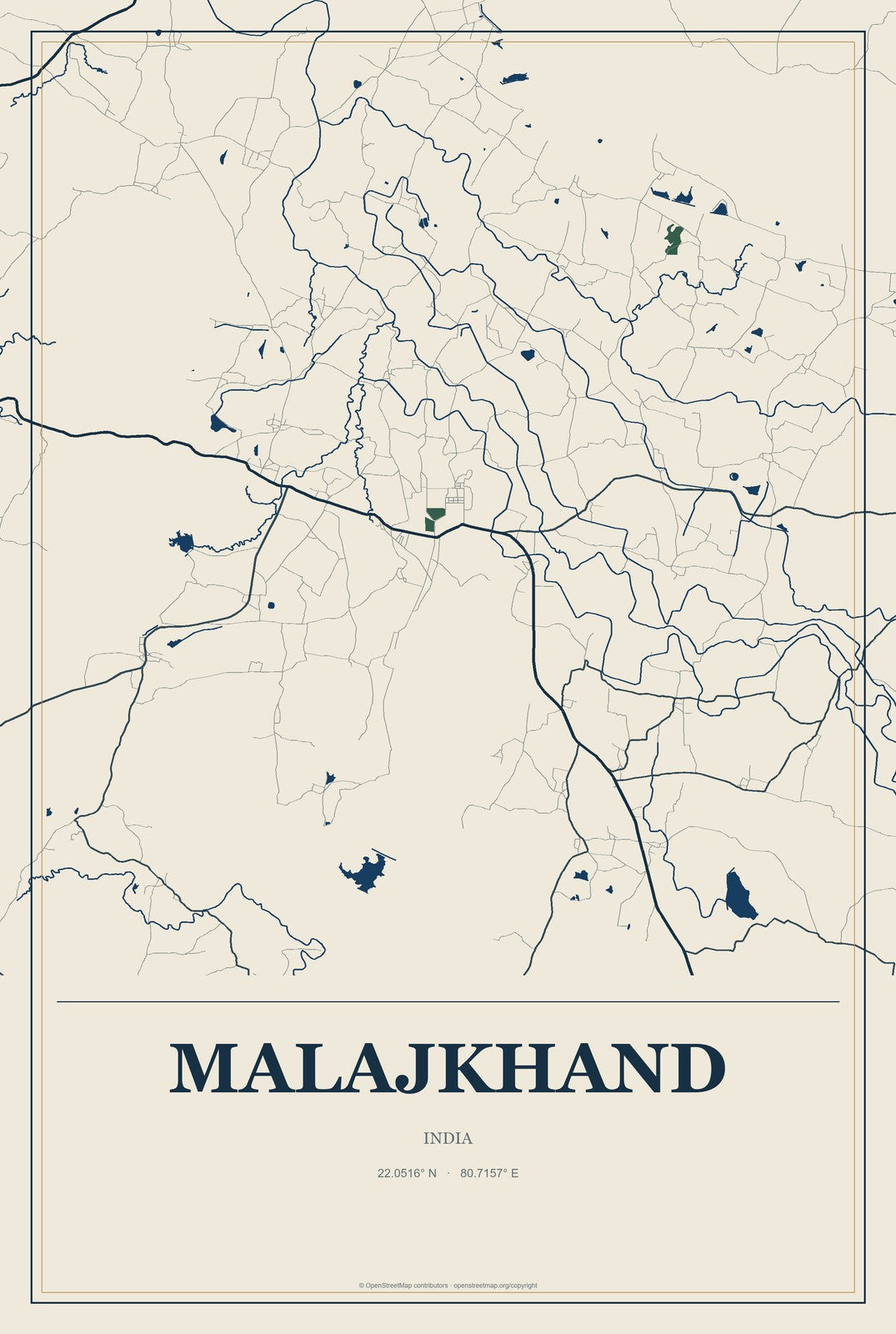 Malajkhand, India City Map Aluminum Sign in Coastal Cutout style