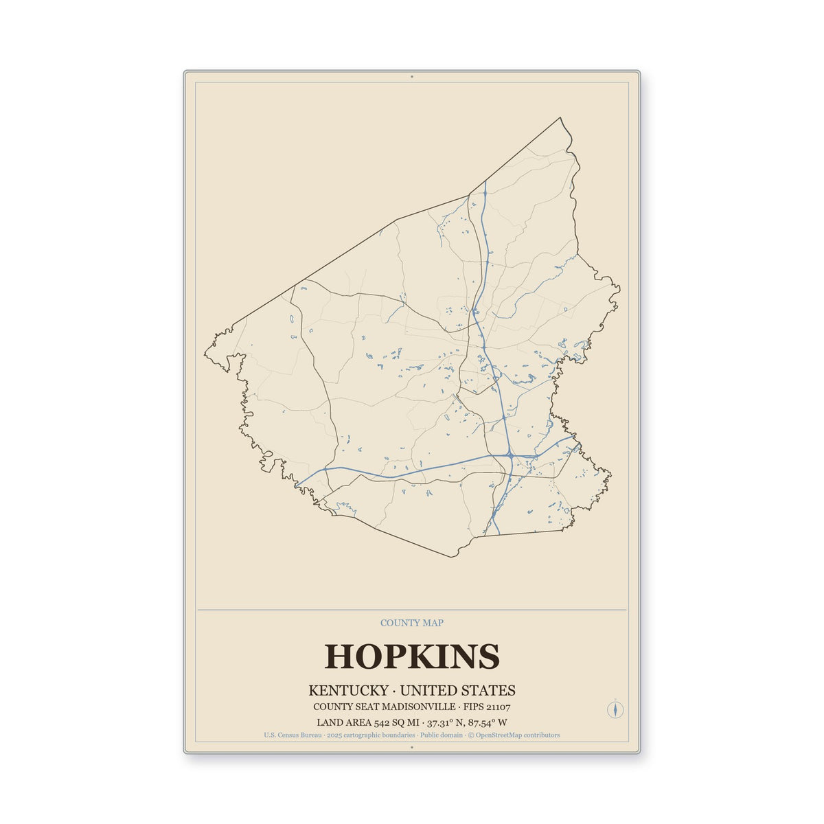 Hopkins County, Kentucky Map Aluminum Sign in Heritage Nautical style