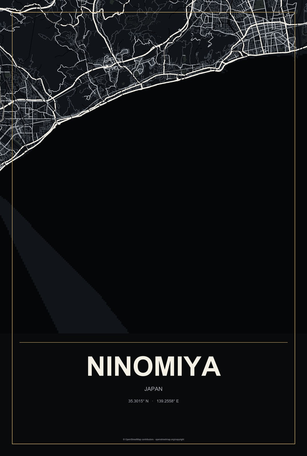 Ninomiya, Japan City Map Aluminum Sign in Metropolitan Noir style