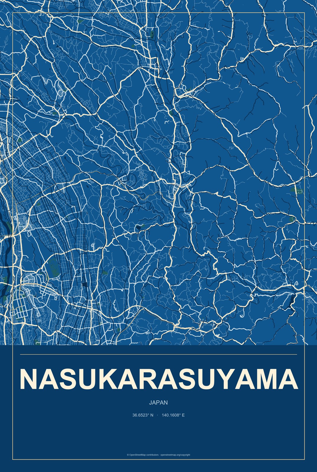 Nasukarasuyama, Japan City Map Aluminum Sign in Harbor Cobalt style