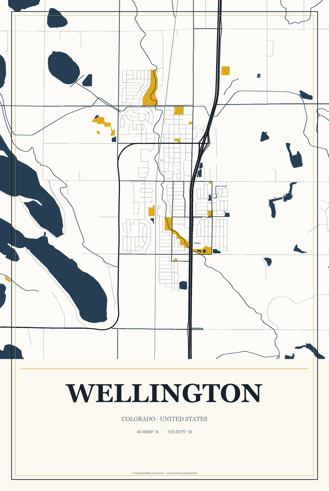 Wellington, Colorado City Map Aluminum Sign in Citrine Modern style