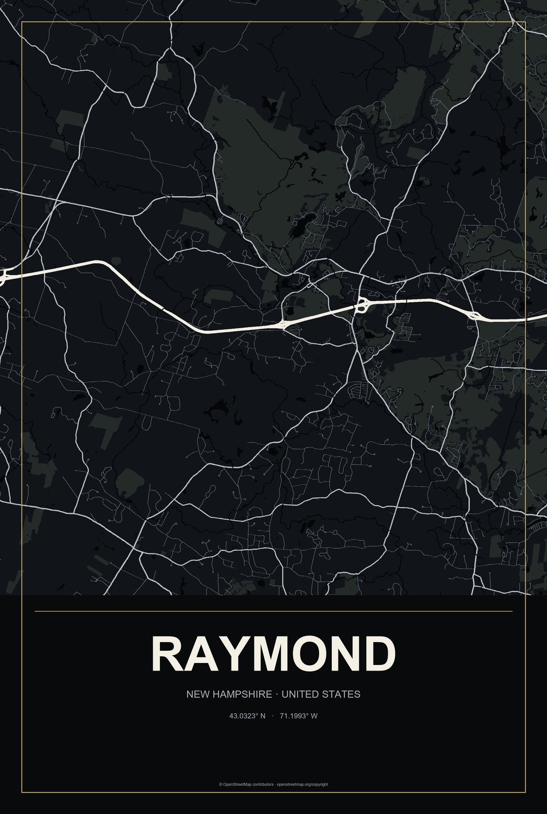 Raymond, New Hampshire City Map Aluminum Sign in Metropolitan Noir style