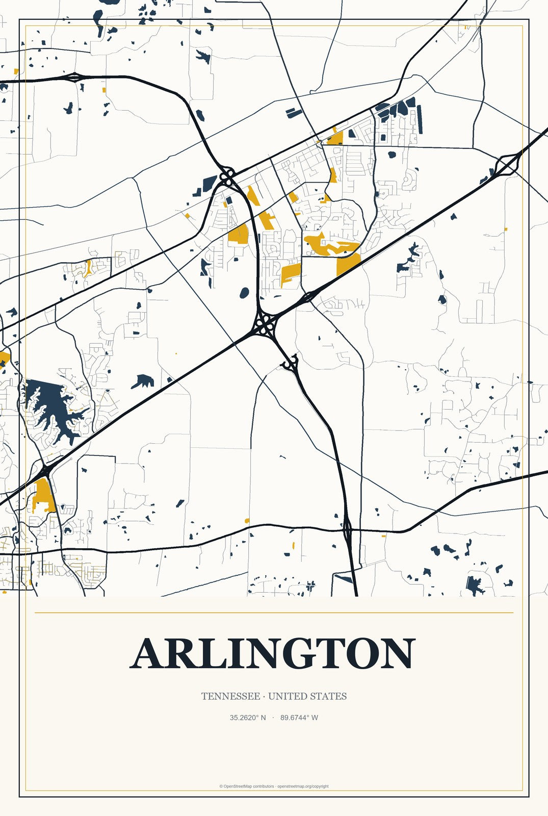 Arlington, Tennessee City Map Aluminum Sign in Citrine Modern style