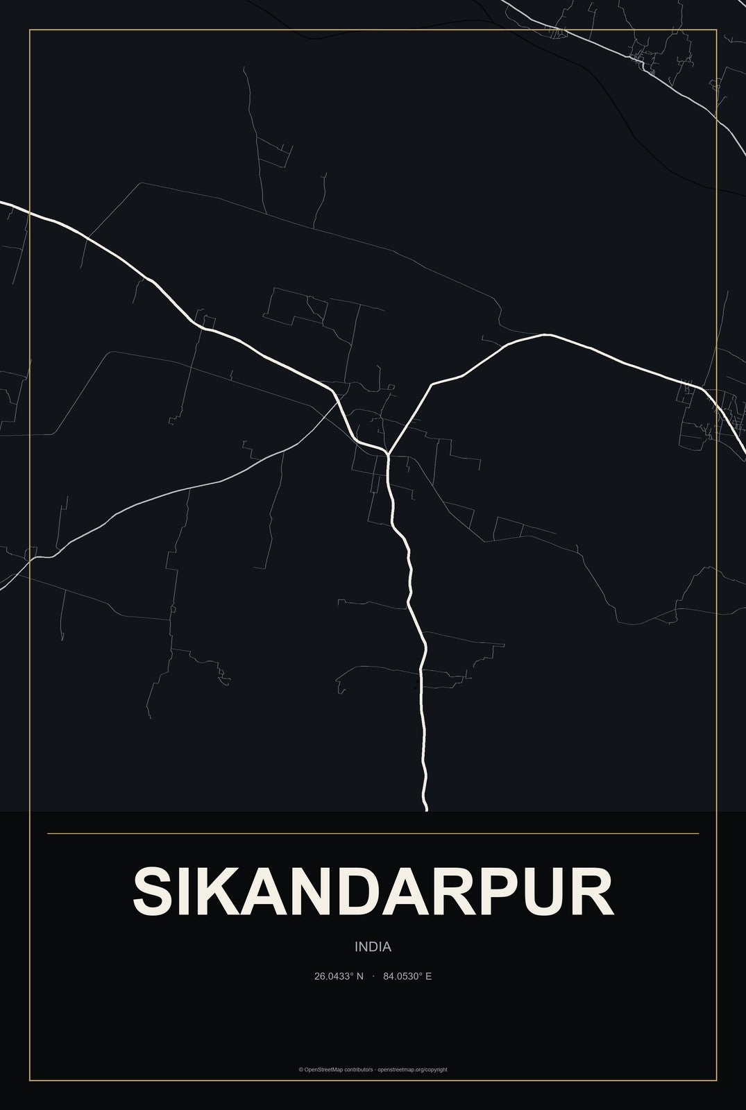 Sikandarpur, India City Map Aluminum Sign in Metropolitan Noir style
