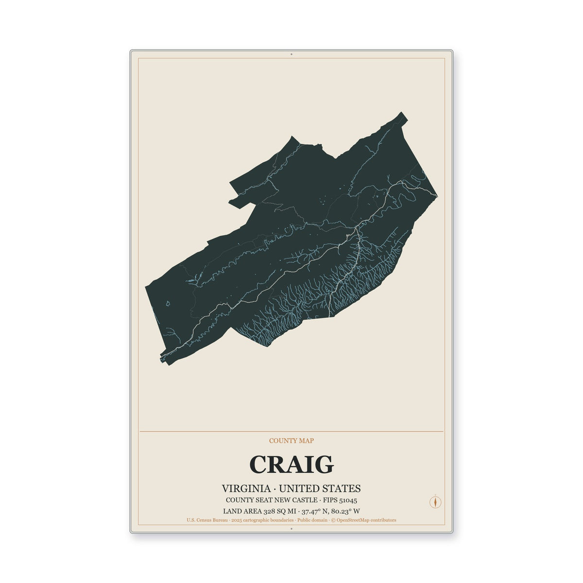 Craig County, Virginia Map Aluminum Sign in Headline Atlas style