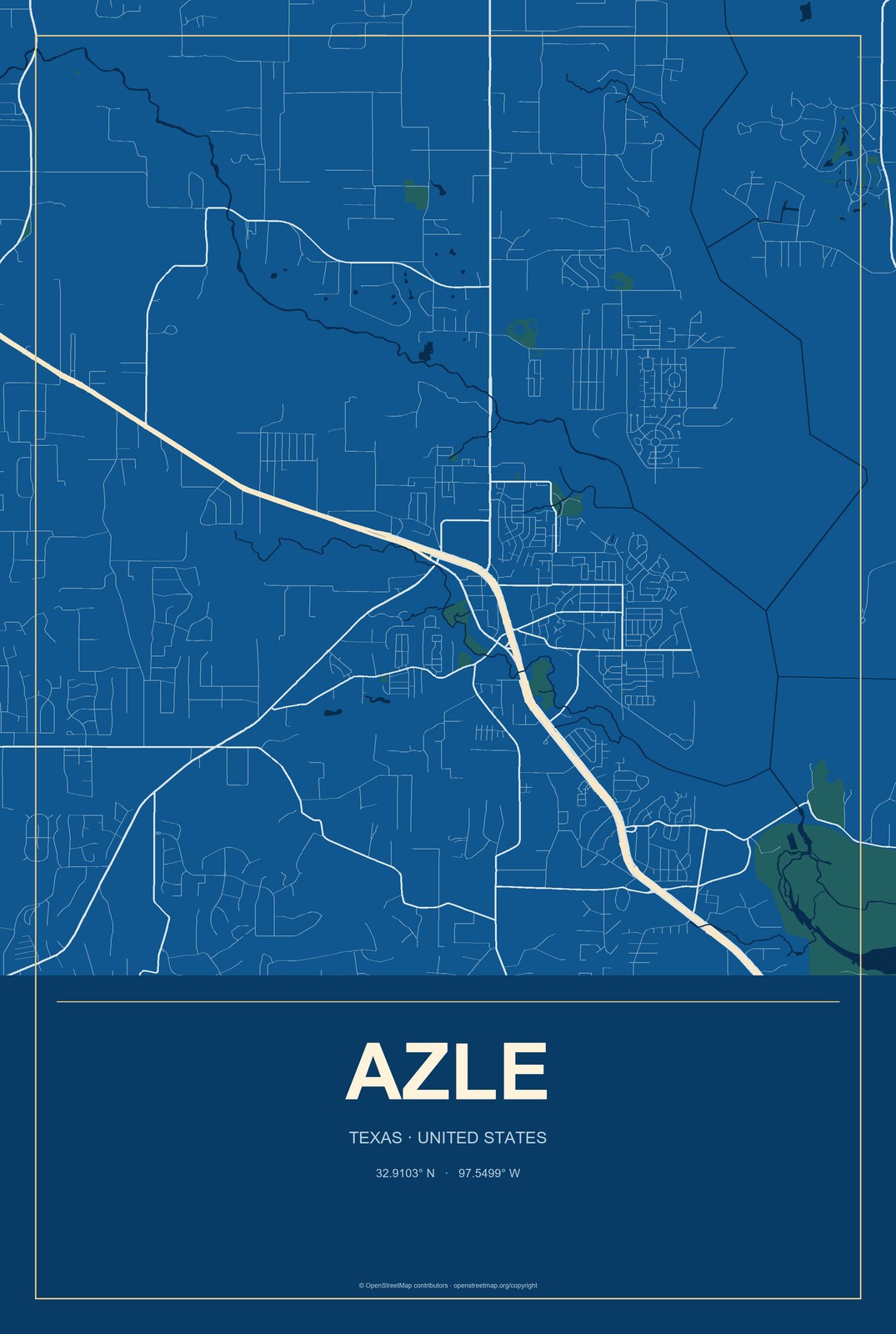 Azle, Texas City Map Aluminum Sign in Harbor Cobalt style