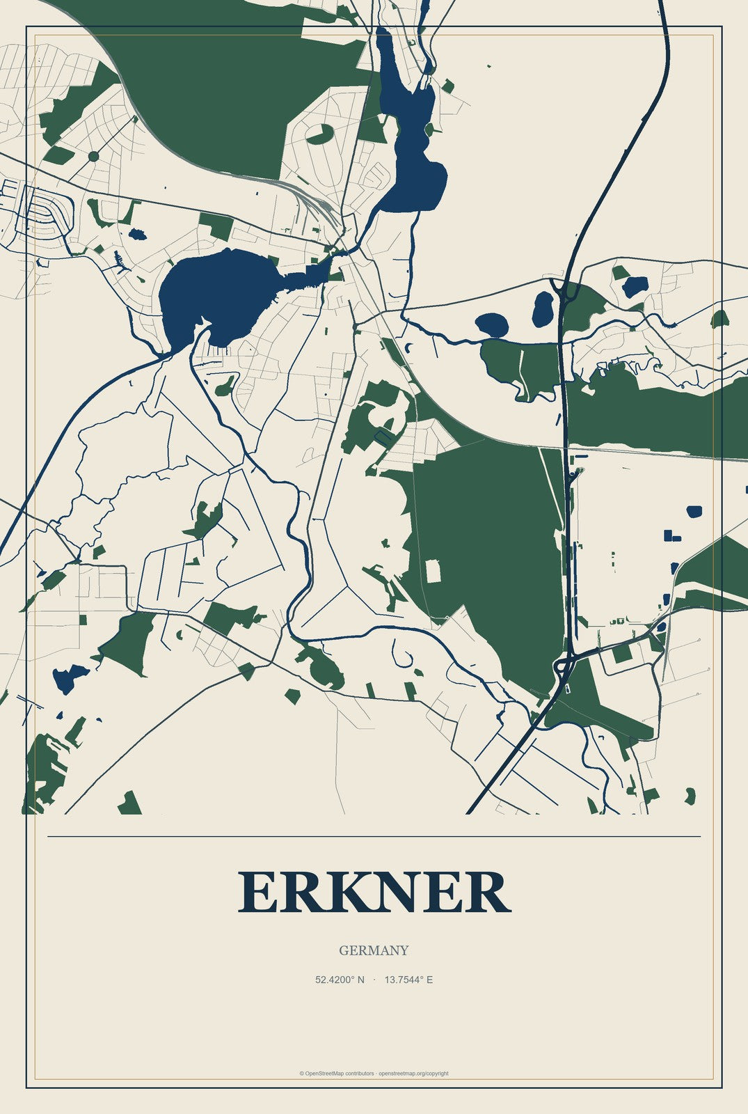 Erkner, Germany City Map Aluminum Sign in Coastal Cutout style