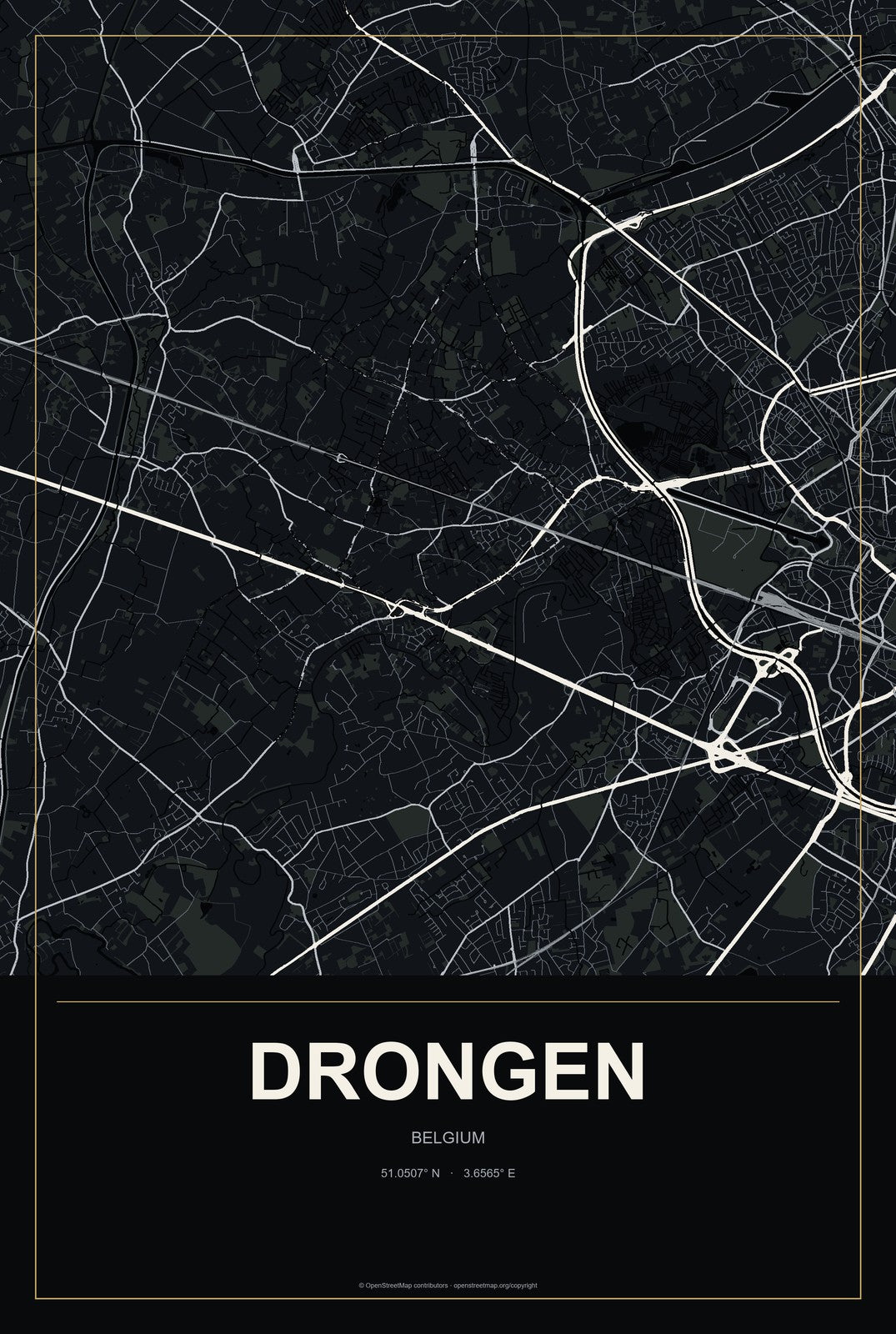 Drongen, Belgium City Map Aluminum Sign in Metropolitan Noir style