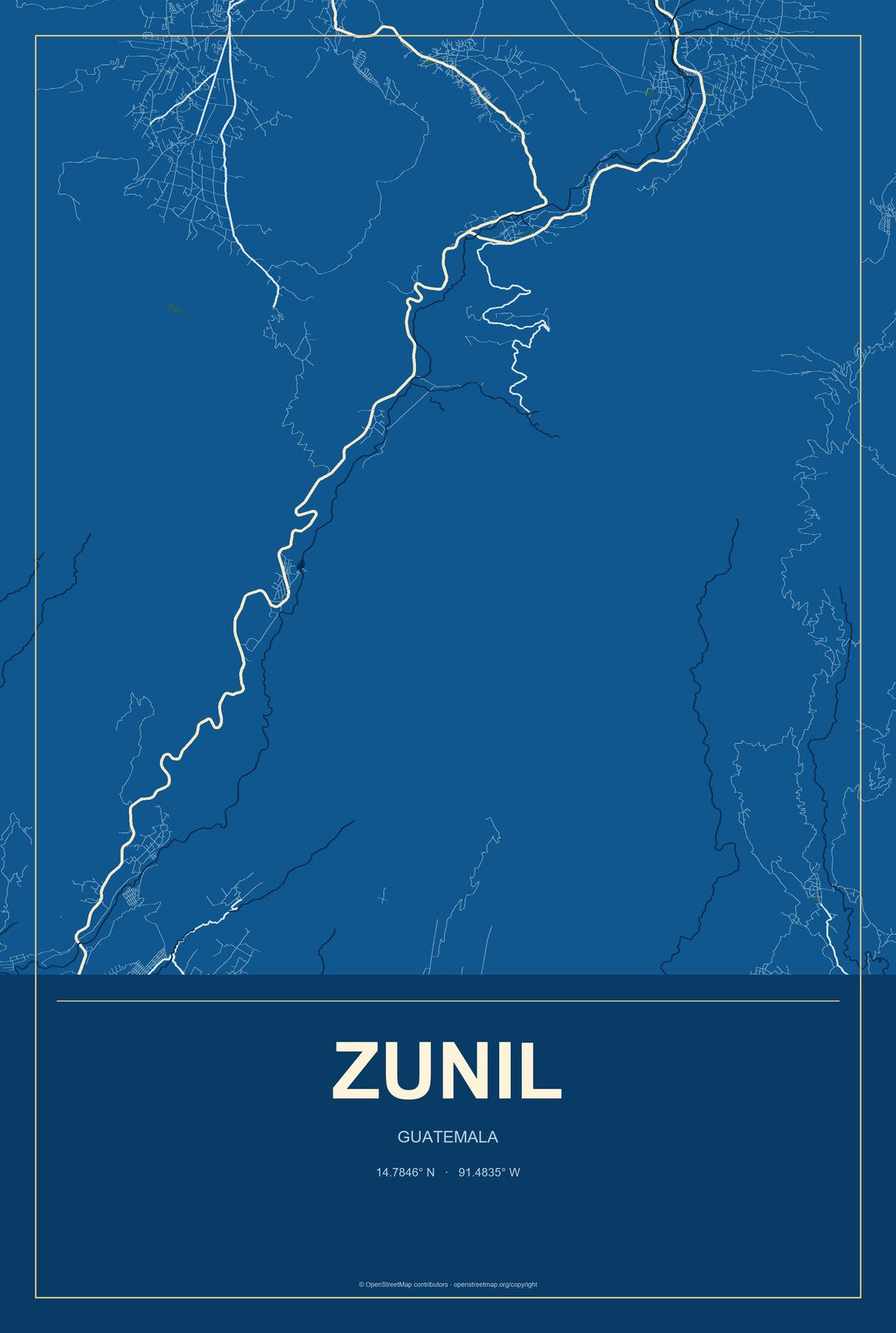 Zunil, Guatemala City Map Aluminum Sign in Harbor Cobalt style