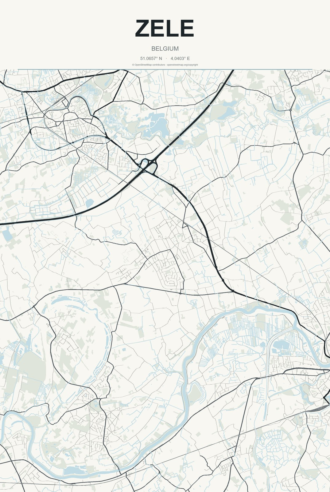 Zele, Belgium City Map Aluminum Sign in Headline Atlas style