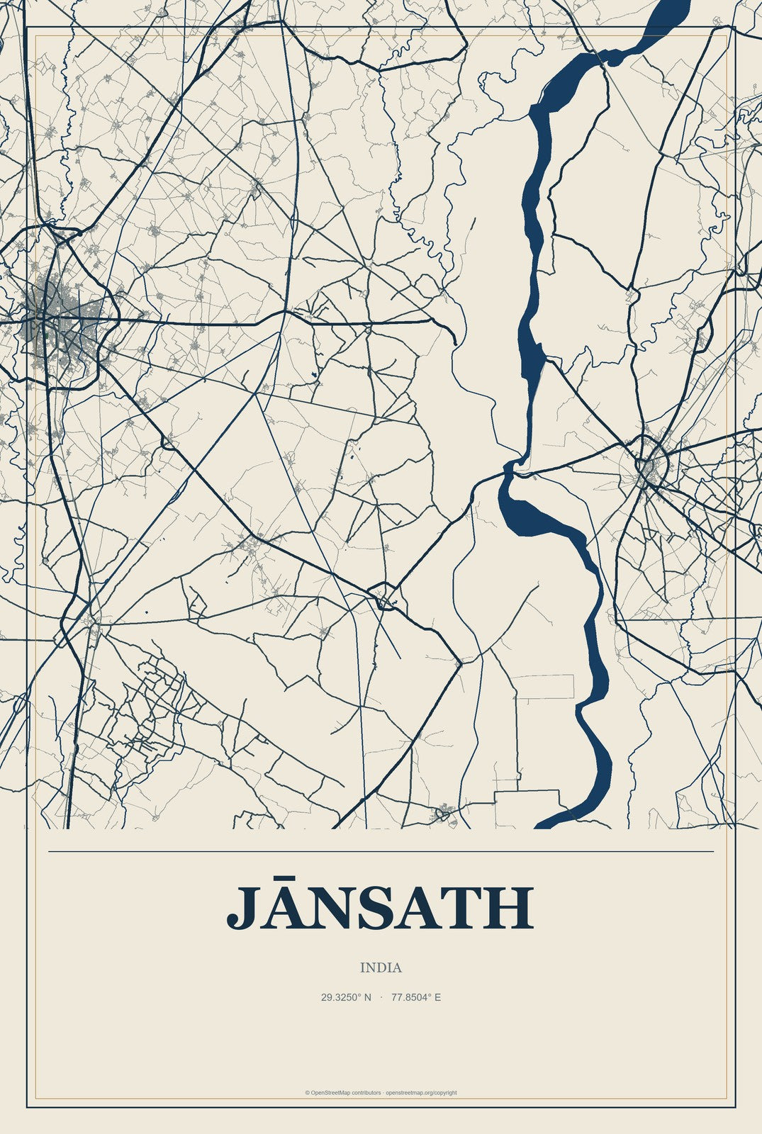 Jānsath, India City Map Aluminum Sign in Coastal Cutout style