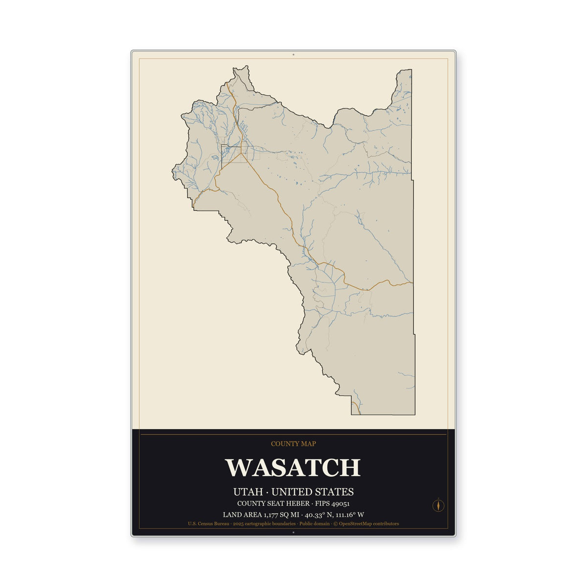 Wasatch County, Utah Map Aluminum Sign in Museum Plaque style