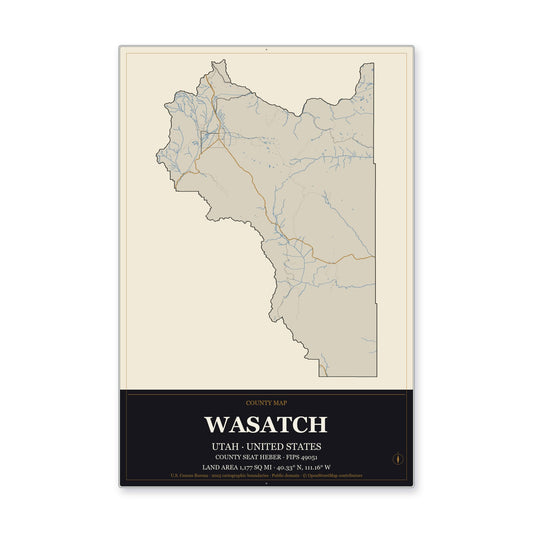 Wasatch County, Utah Map Aluminum Sign in Museum Plaque style