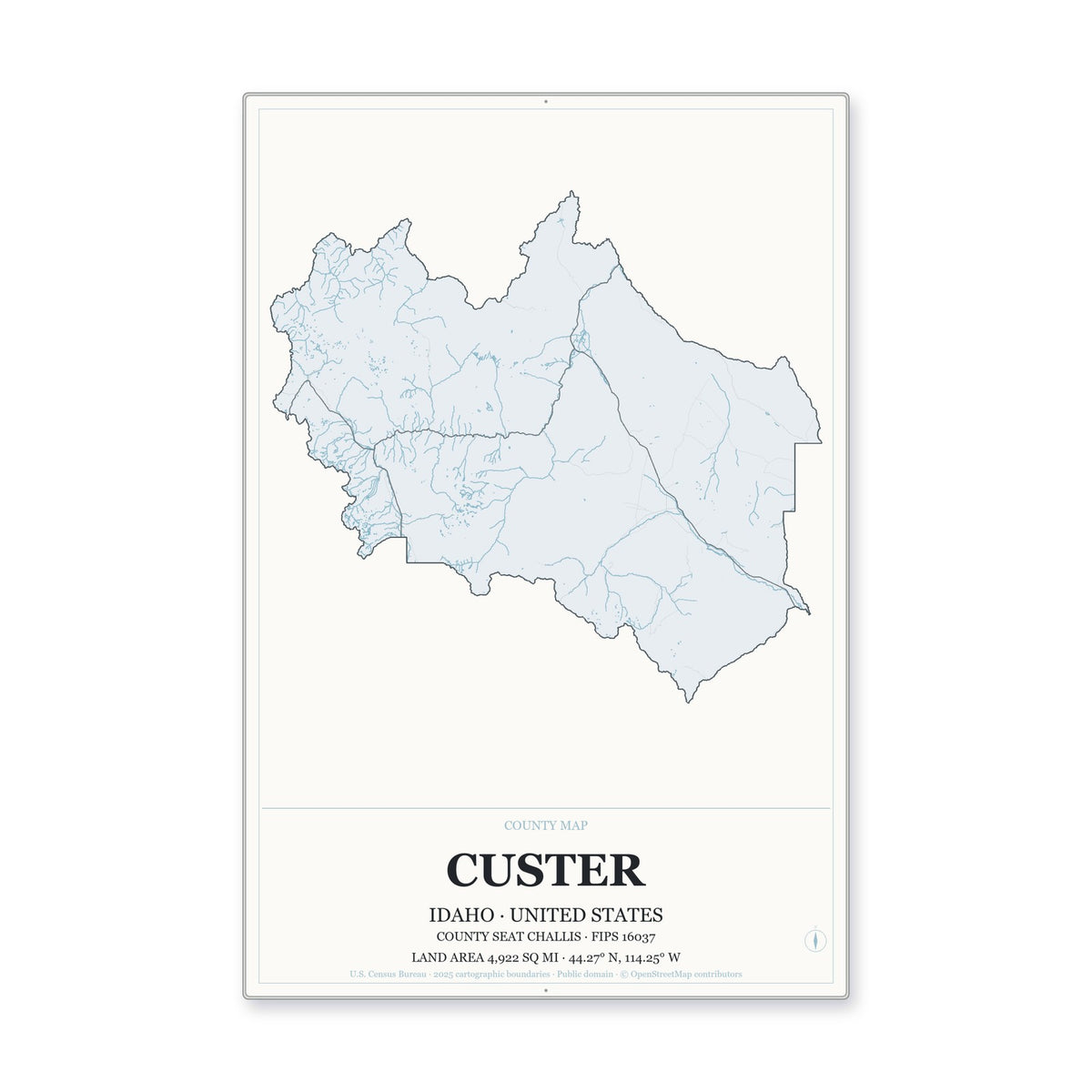 Custer County, Idaho Map Aluminum Sign in Gallery Air style