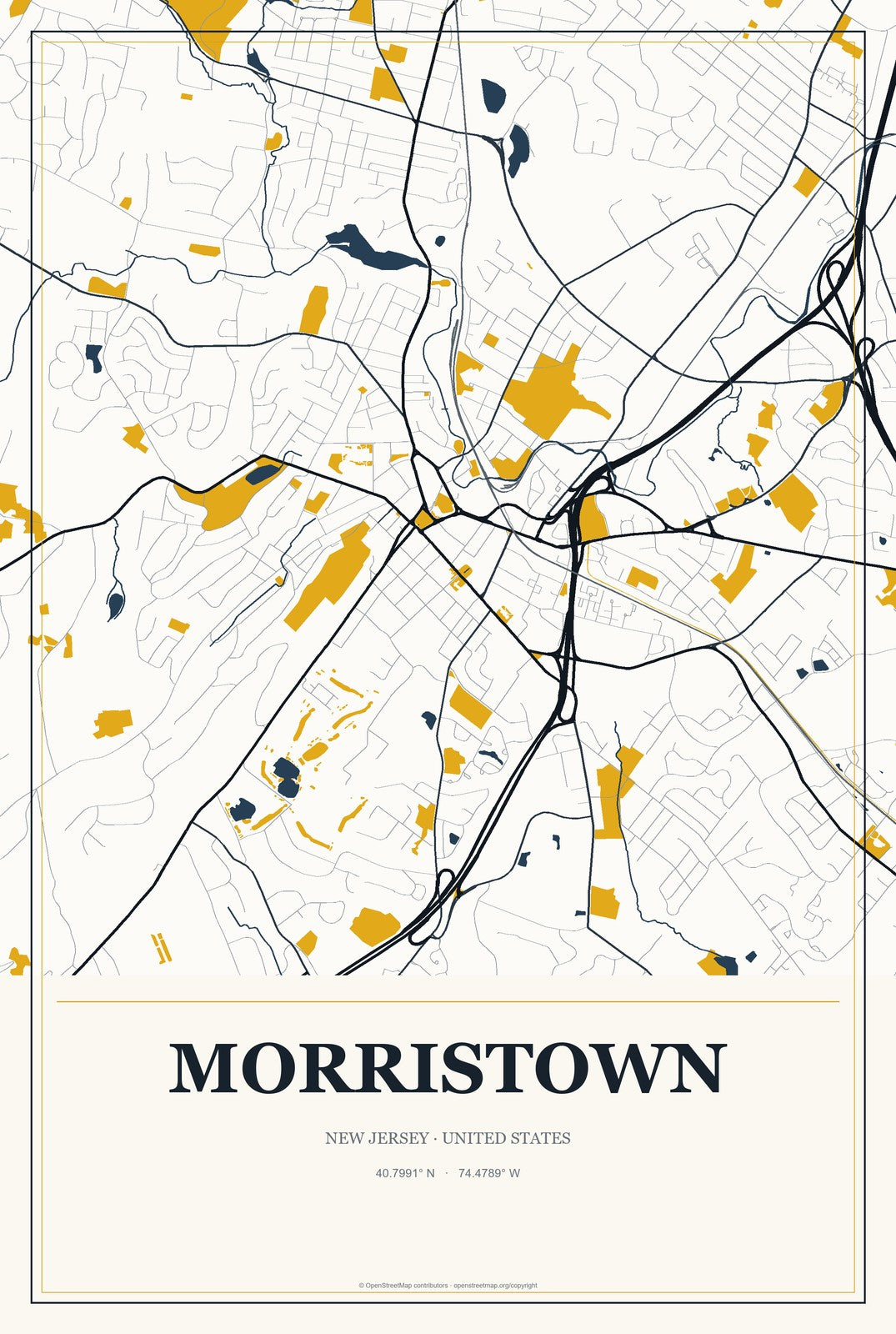 Morristown, New Jersey City Map Aluminum Sign in Citrine Modern style