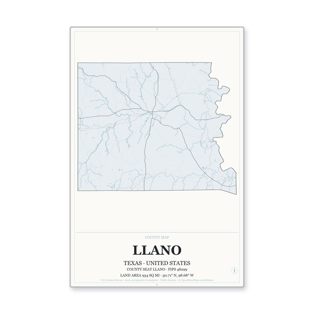 Llano County, Texas Map Aluminum Sign in Gallery Air style