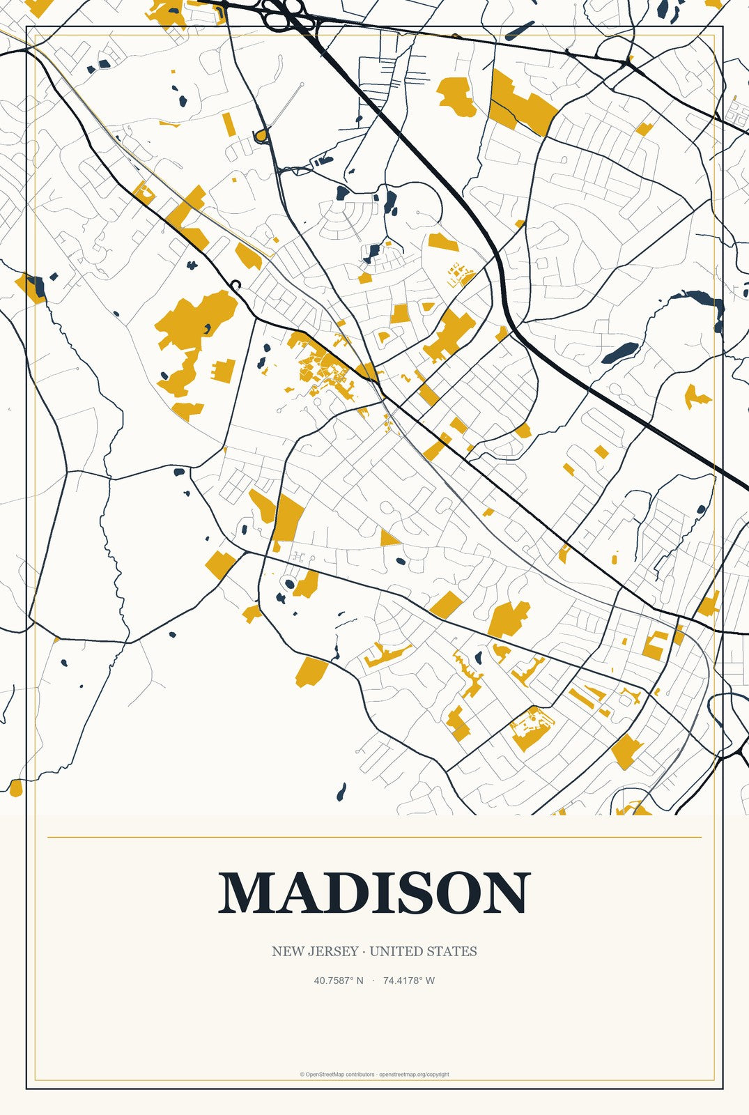 Madison, New Jersey City Map Aluminum Sign in Citrine Modern style