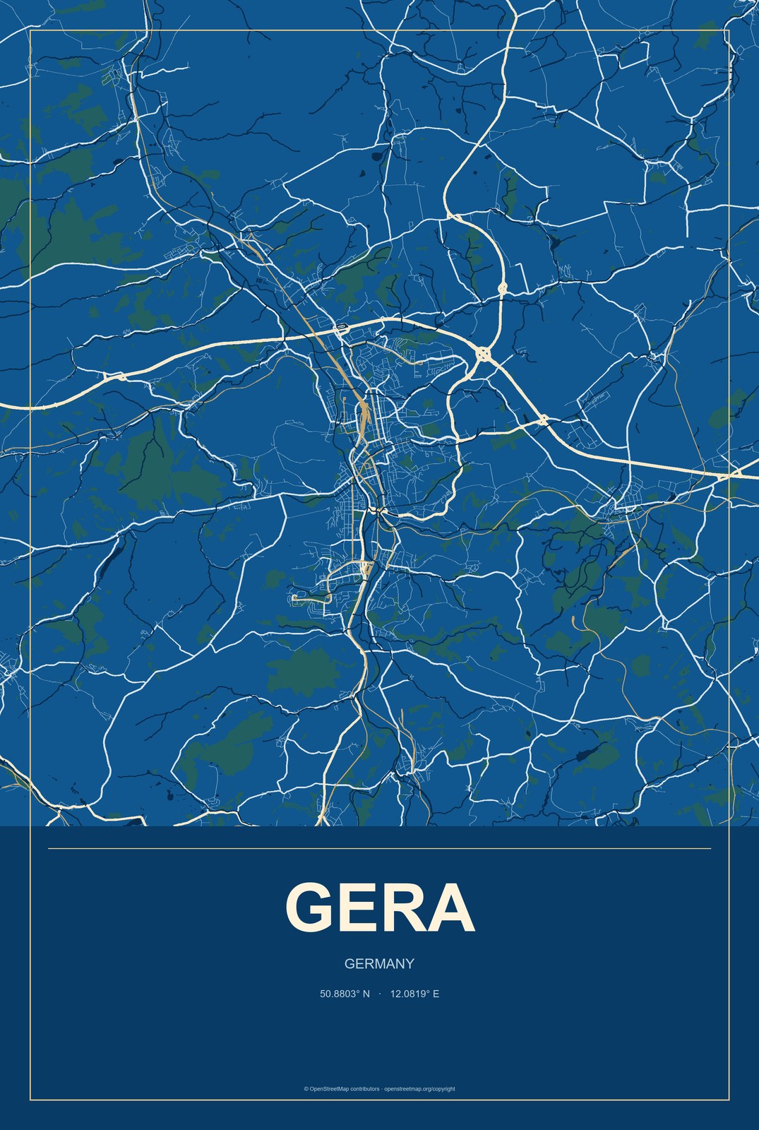 Gera, Germany City Map Aluminum Sign in Harbor Cobalt style