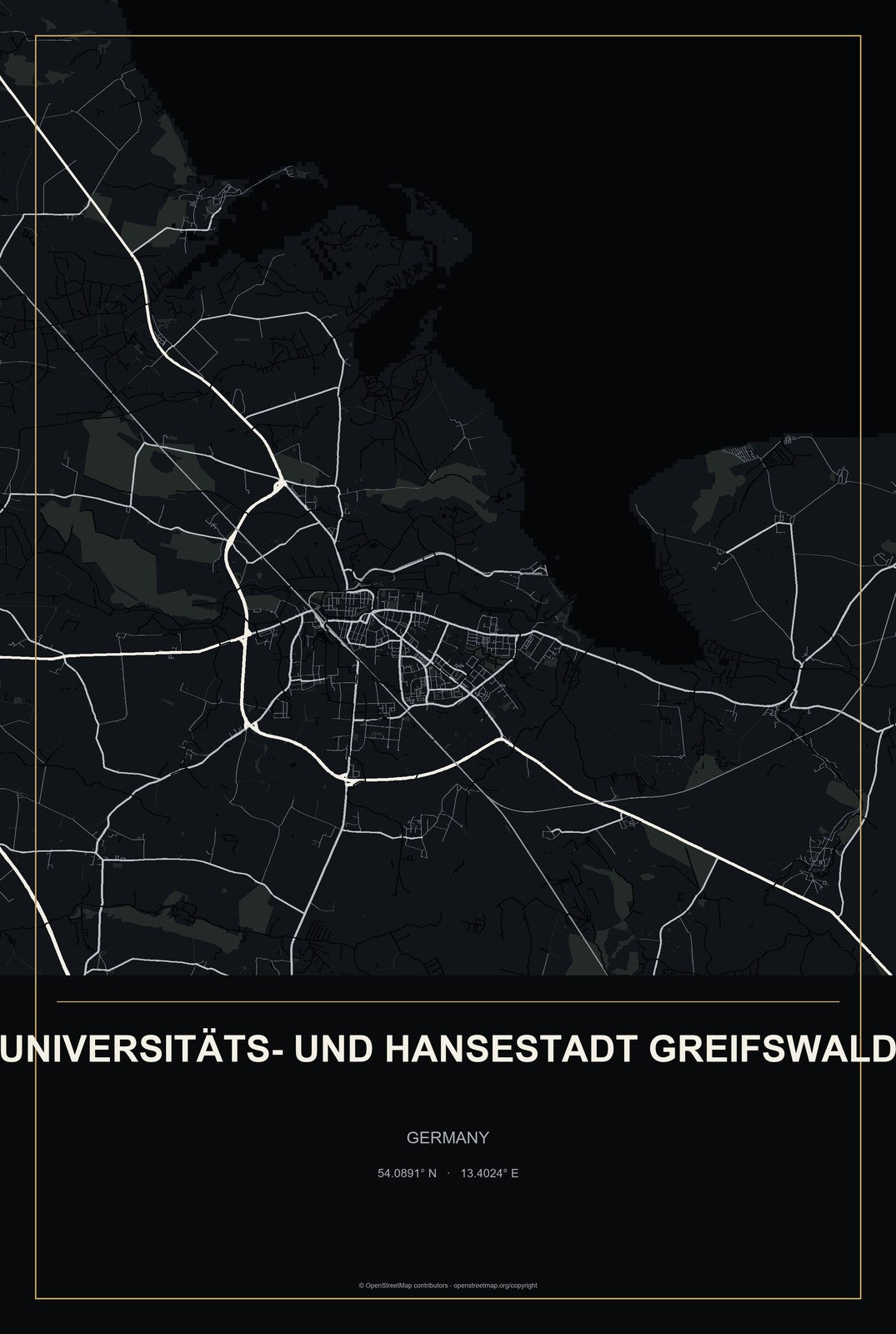 Universitäts- und Hansestadt Greifswald, Germany City Map Aluminum Sign in Metropolitan Noir style