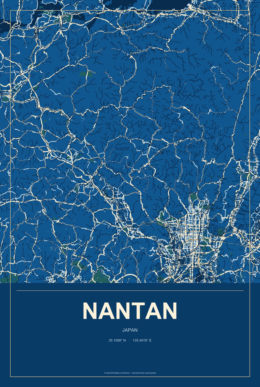 Nantan, Japan City Map Aluminum Sign in Harbor Cobalt style