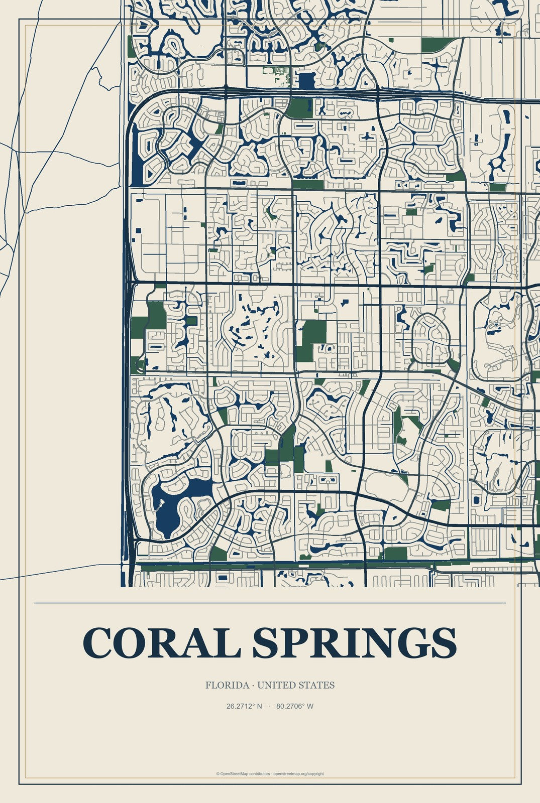 Coral Springs, Florida City Map Aluminum Sign in Coastal Cutout style