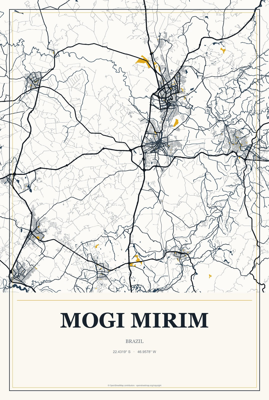 Mogi Mirim, Brazil City Map Aluminum Sign in Citrine Modern style