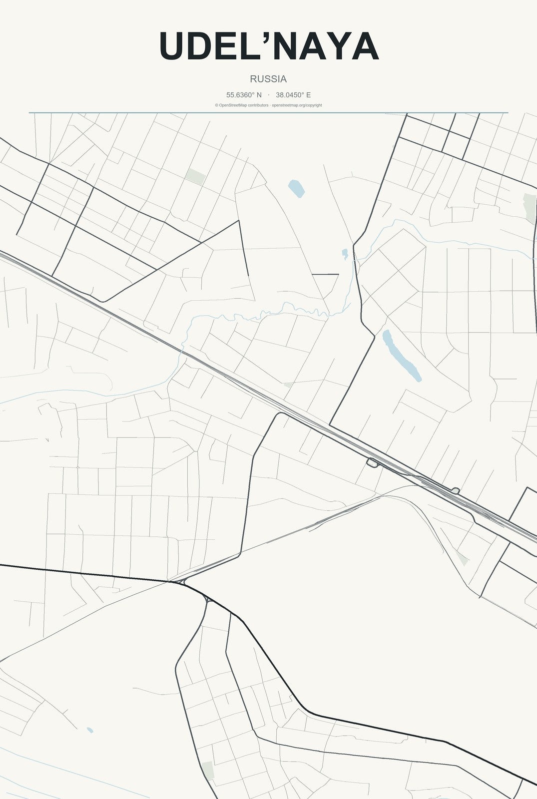 Udel’naya, Russia City Map Aluminum Sign in Headline Atlas style
