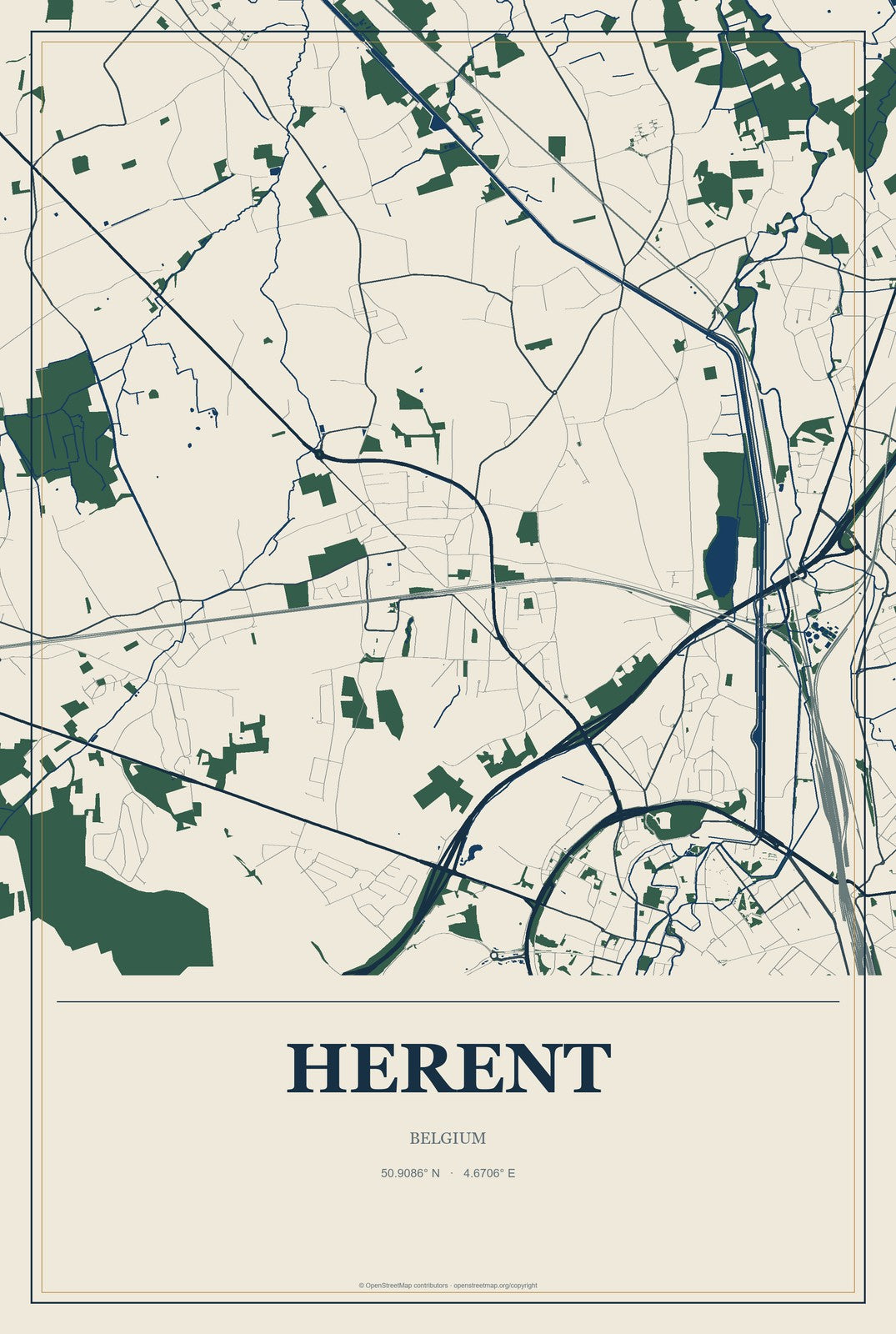 Herent, Belgium City Map Aluminum Sign in Coastal Cutout style