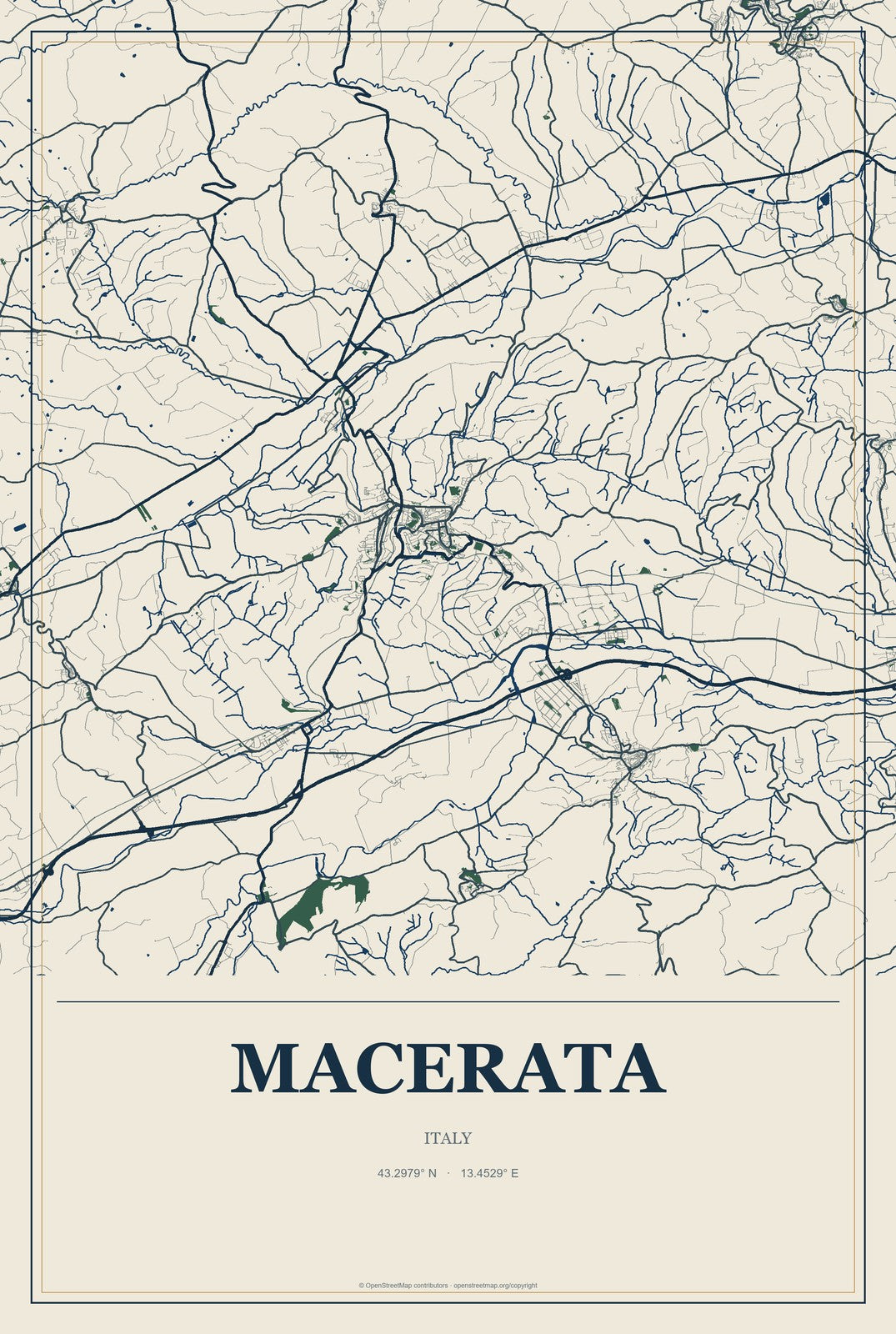 Macerata, Italy City Map Aluminum Sign in Coastal Cutout style
