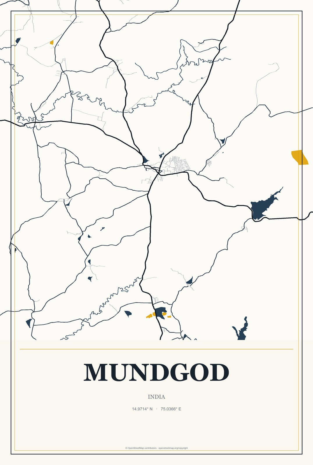 Mundgod, India City Map Aluminum Sign in Citrine Modern style