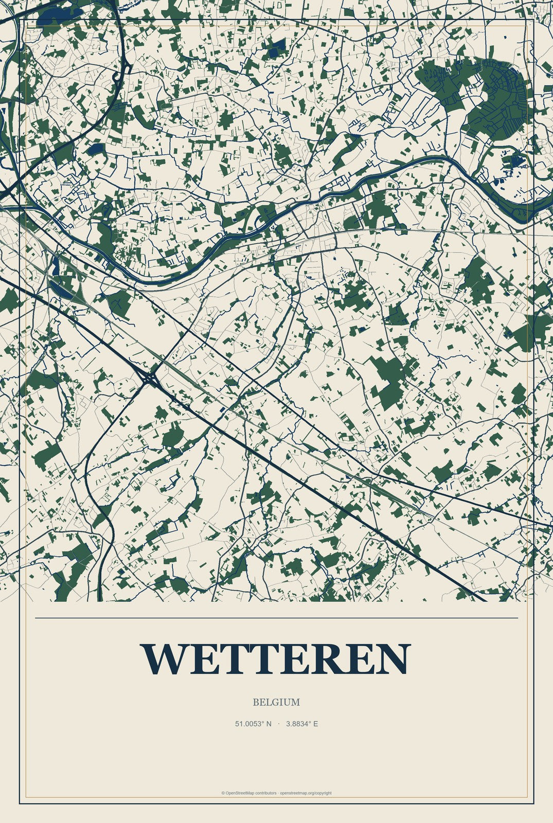 Wetteren, Belgium City Map Aluminum Sign in Coastal Cutout style