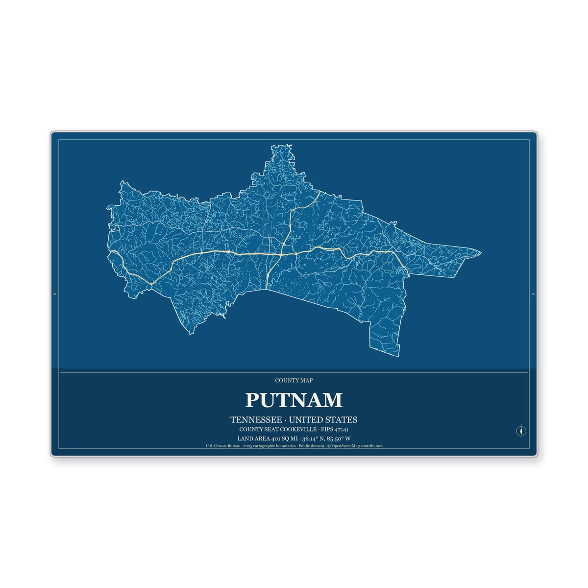 Putnam County, Tennessee Map Aluminum Sign in Harbor Cobalt style