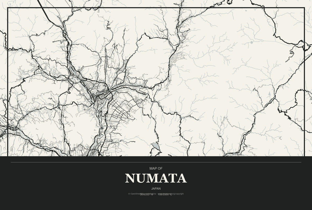 Numata, Japan City Map Aluminum Sign in Museum Plaque style