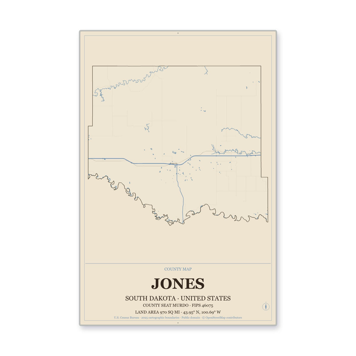 Jones County, South Dakota Map Aluminum Sign in Heritage Nautical style