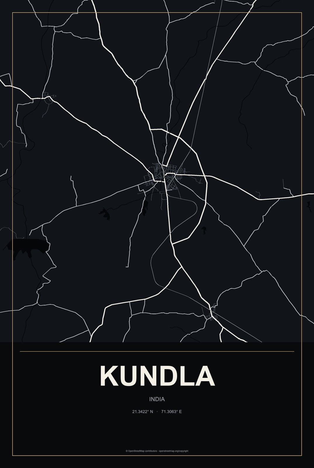 Kundla, India City Map Aluminum Sign in Metropolitan Noir style