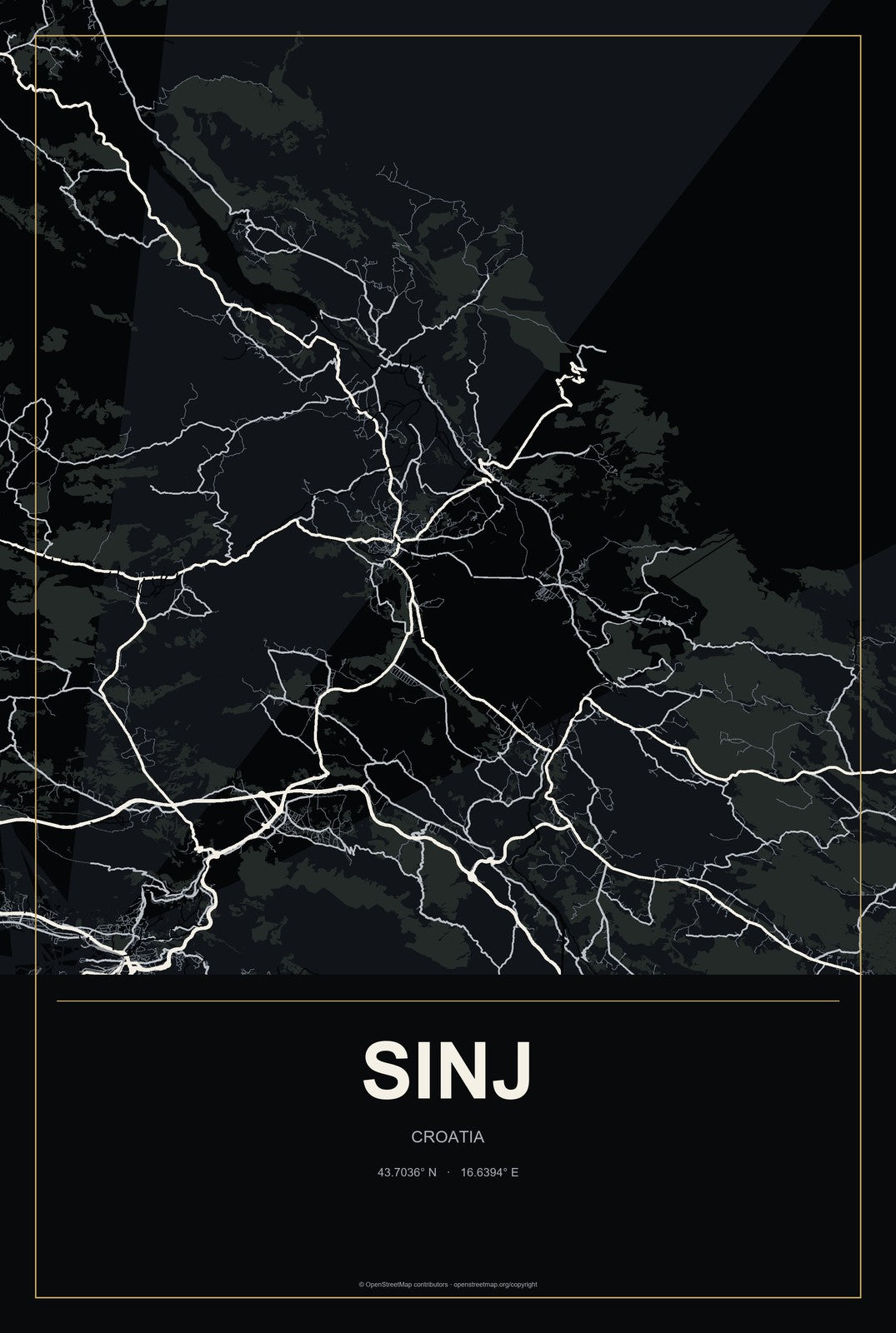 Sinj, Croatia City Map Aluminum Sign in Metropolitan Noir style