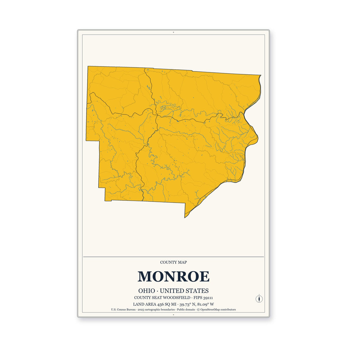 Monroe County, Ohio Map Aluminum Sign in Citrine Modern style
