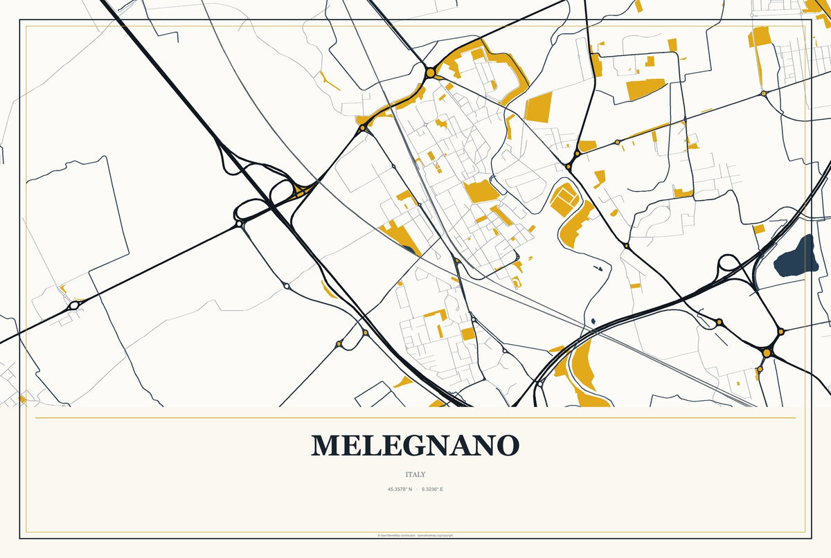 Melegnano, Italy City Map Aluminum Sign in Citrine Modern style