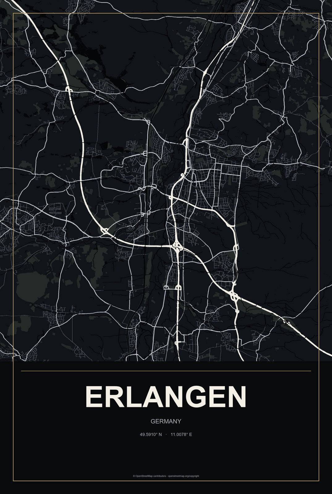Erlangen, Germany City Map Aluminum Sign in Metropolitan Noir style