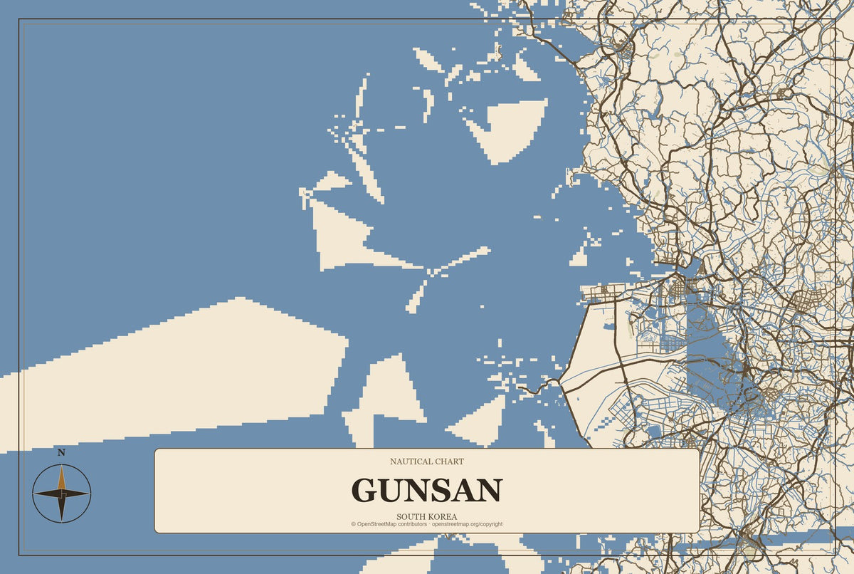 Gunsan, South Korea City Map Aluminum Sign in Heritage Nautical style