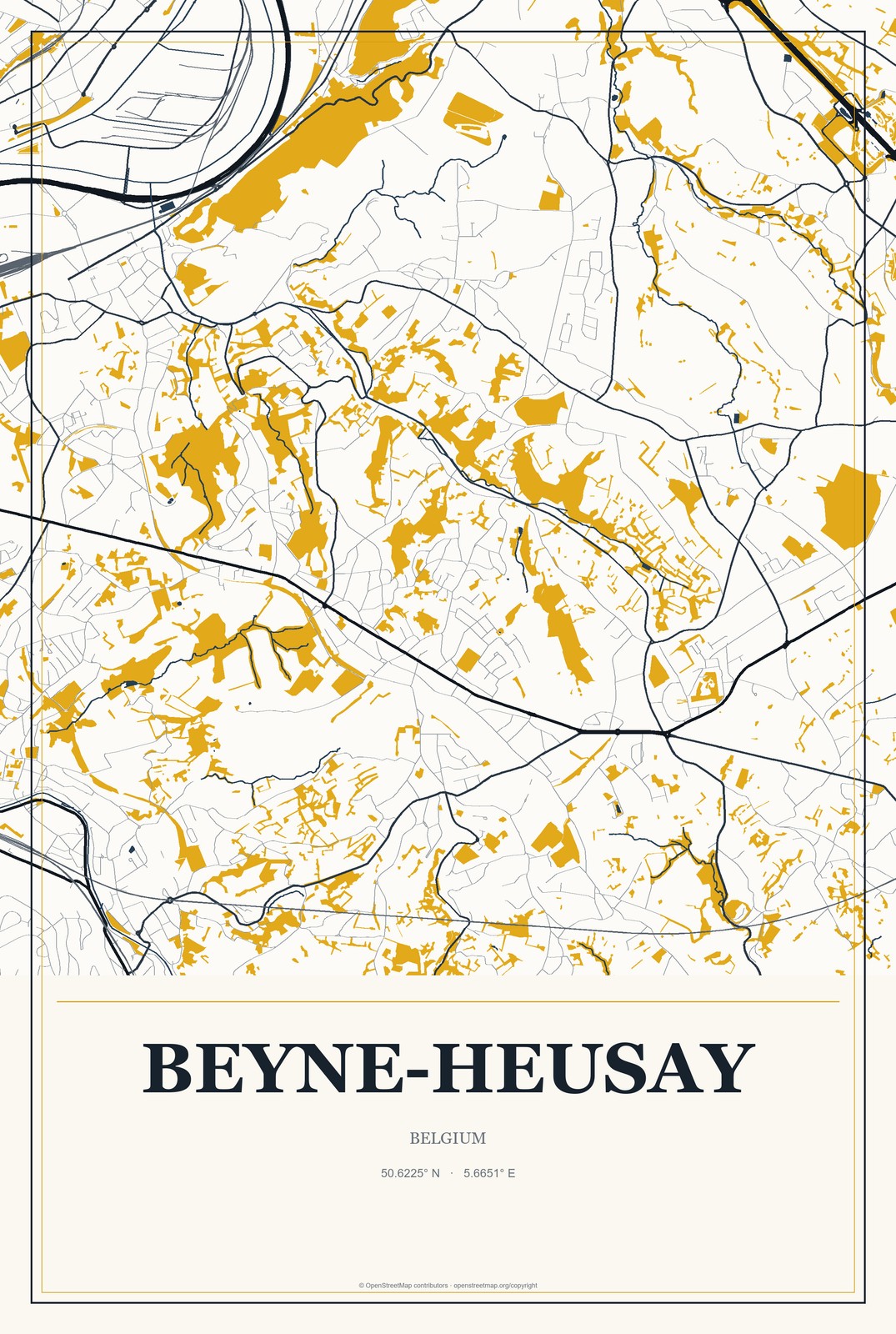 Beyne-Heusay, Belgium City Map Aluminum Sign in Citrine Modern style