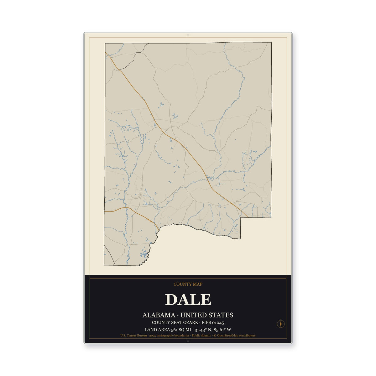 Dale County, Alabama Map Aluminum Sign in Museum Plaque style