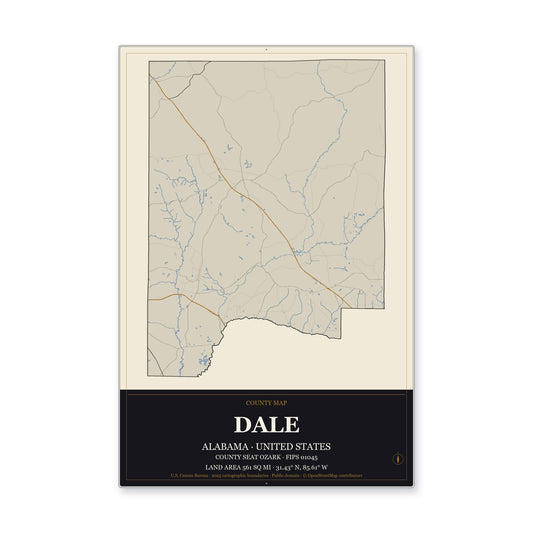 Dale County, Alabama Map Aluminum Sign in Museum Plaque style