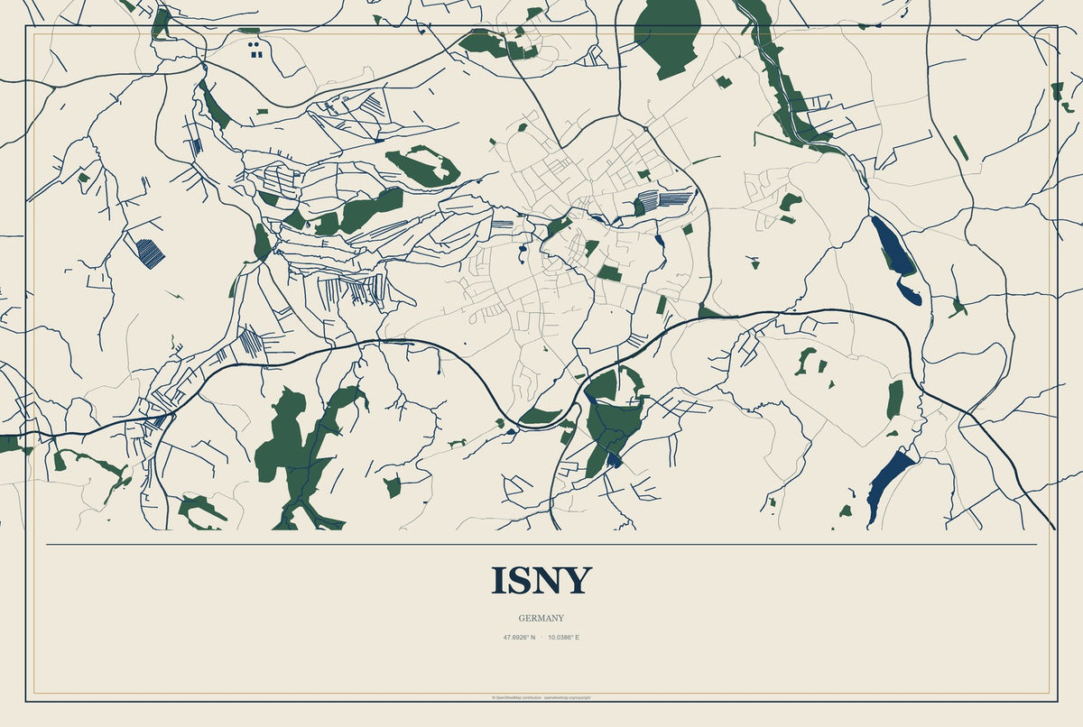 Isny, Germany City Map Aluminum Sign in Coastal Cutout style
