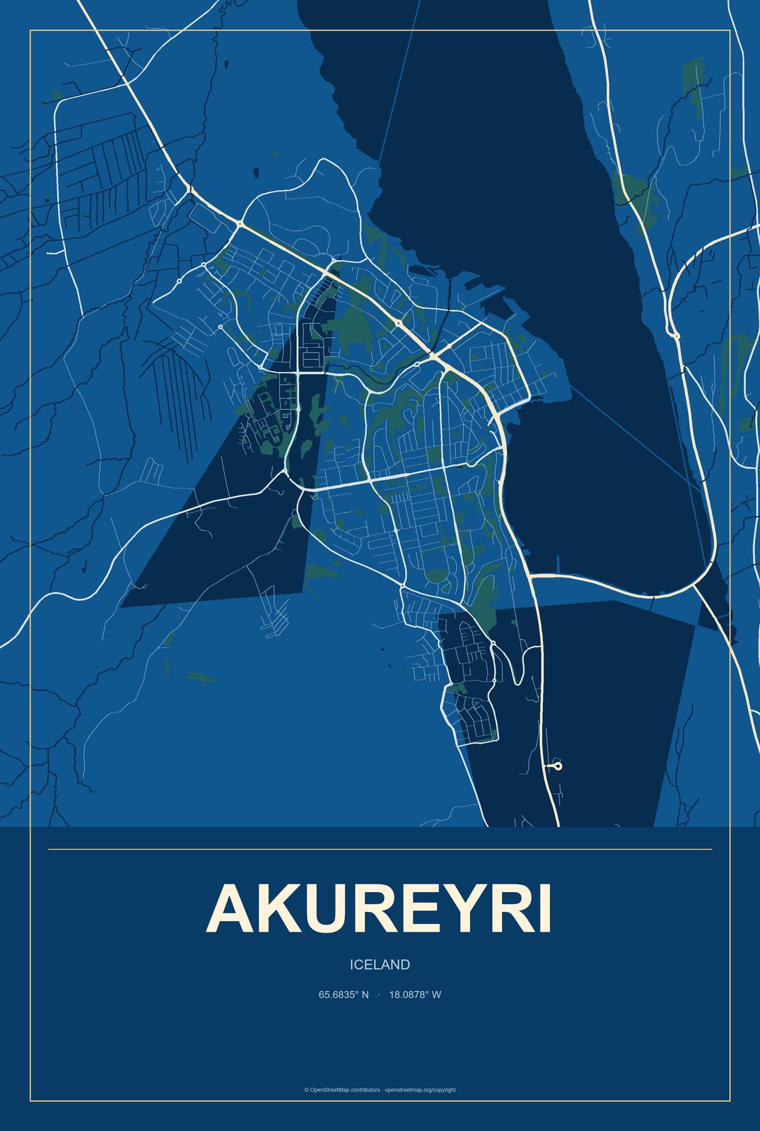 Akureyri, Iceland City Map Aluminum Sign in Harbor Cobalt style
