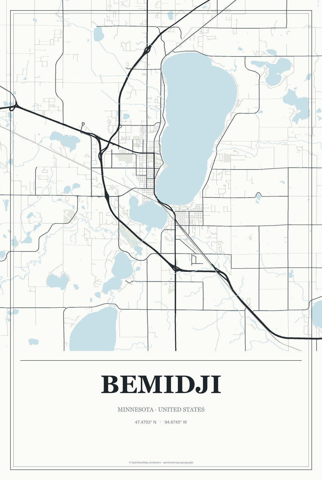 Bemidji, Minnesota City Map Aluminum Sign in Gallery Air style