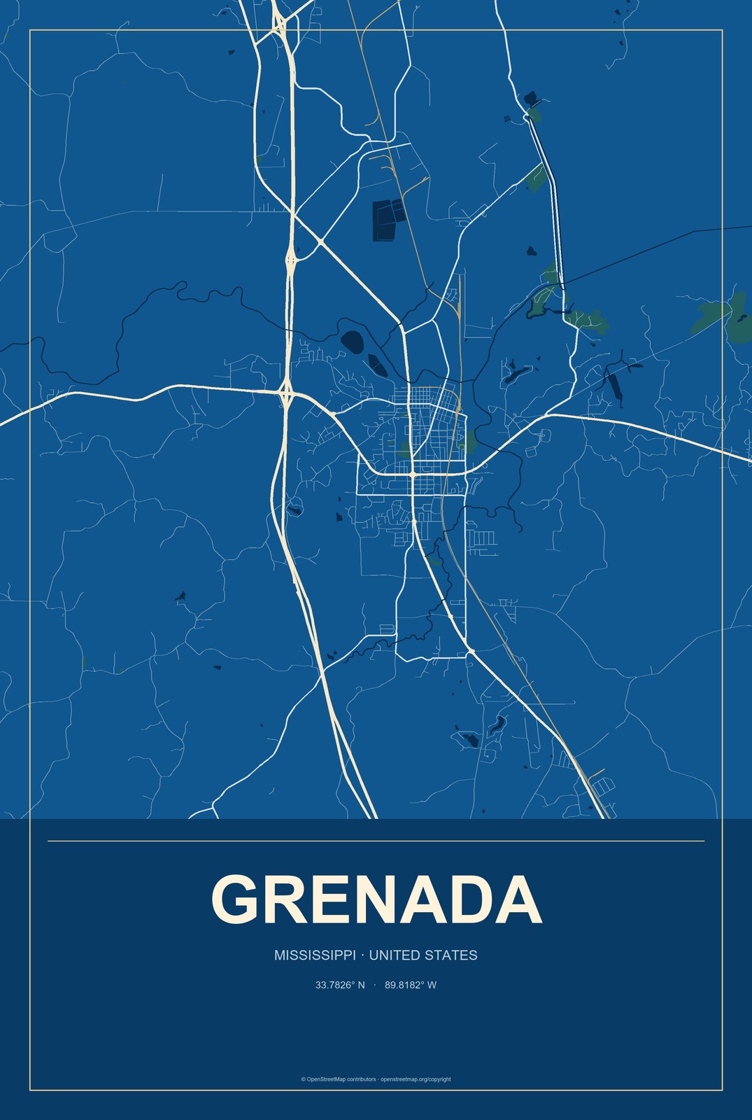 Grenada, Mississippi City Map Aluminum Sign in Harbor Cobalt style