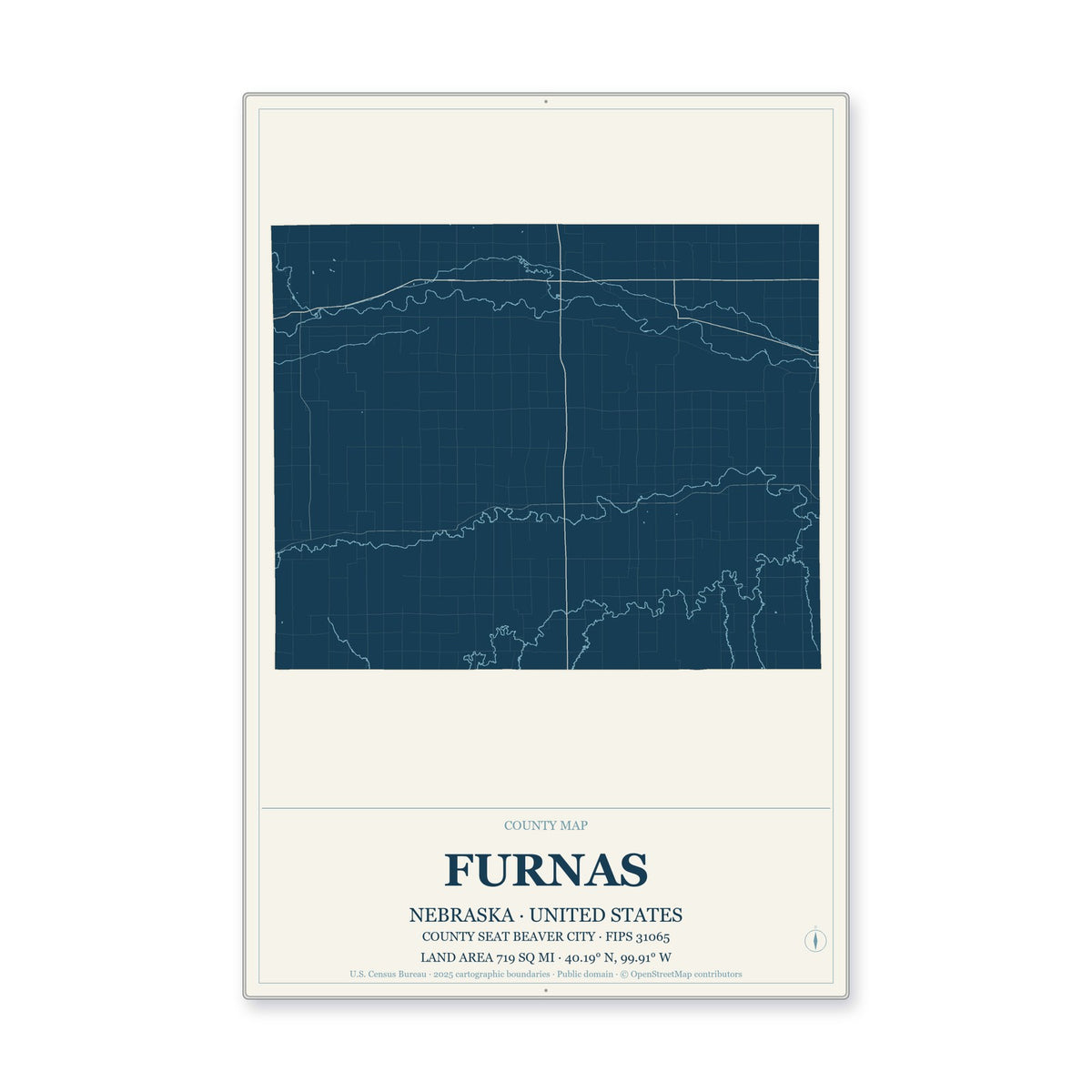 Furnas County, Nebraska Map Aluminum Sign in Coastal Cutout style